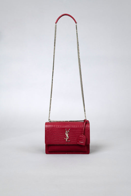 YSL Sunset Chain Wallet in Crocodile Embossed Leather
