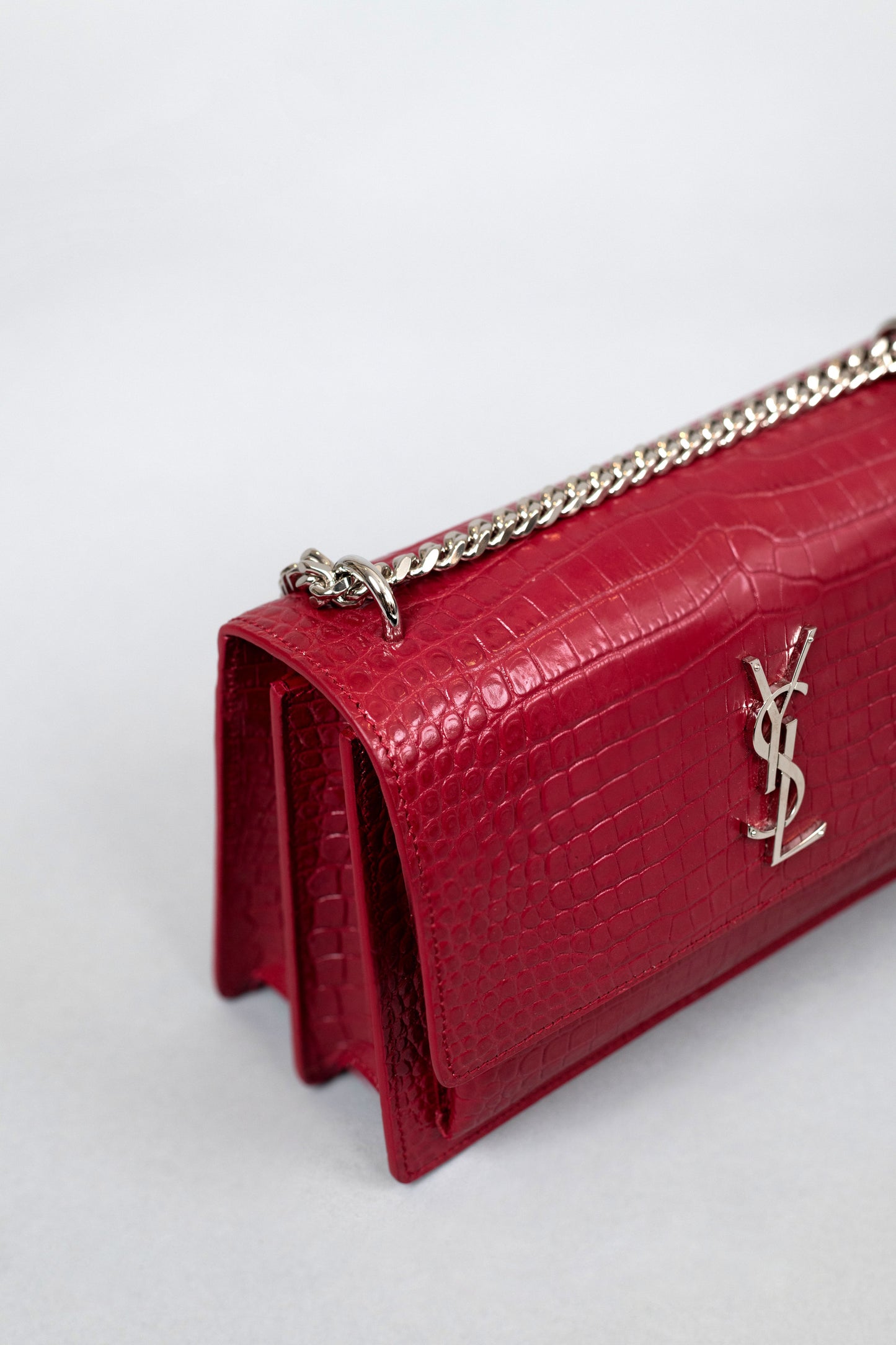 YSL Sunset Chain Wallet in Crocodile Embossed Leather