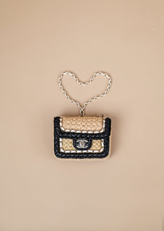 Chanel Mini Flap Bag Braided Raffia & Gold-Tone Metal in Beige & Black
