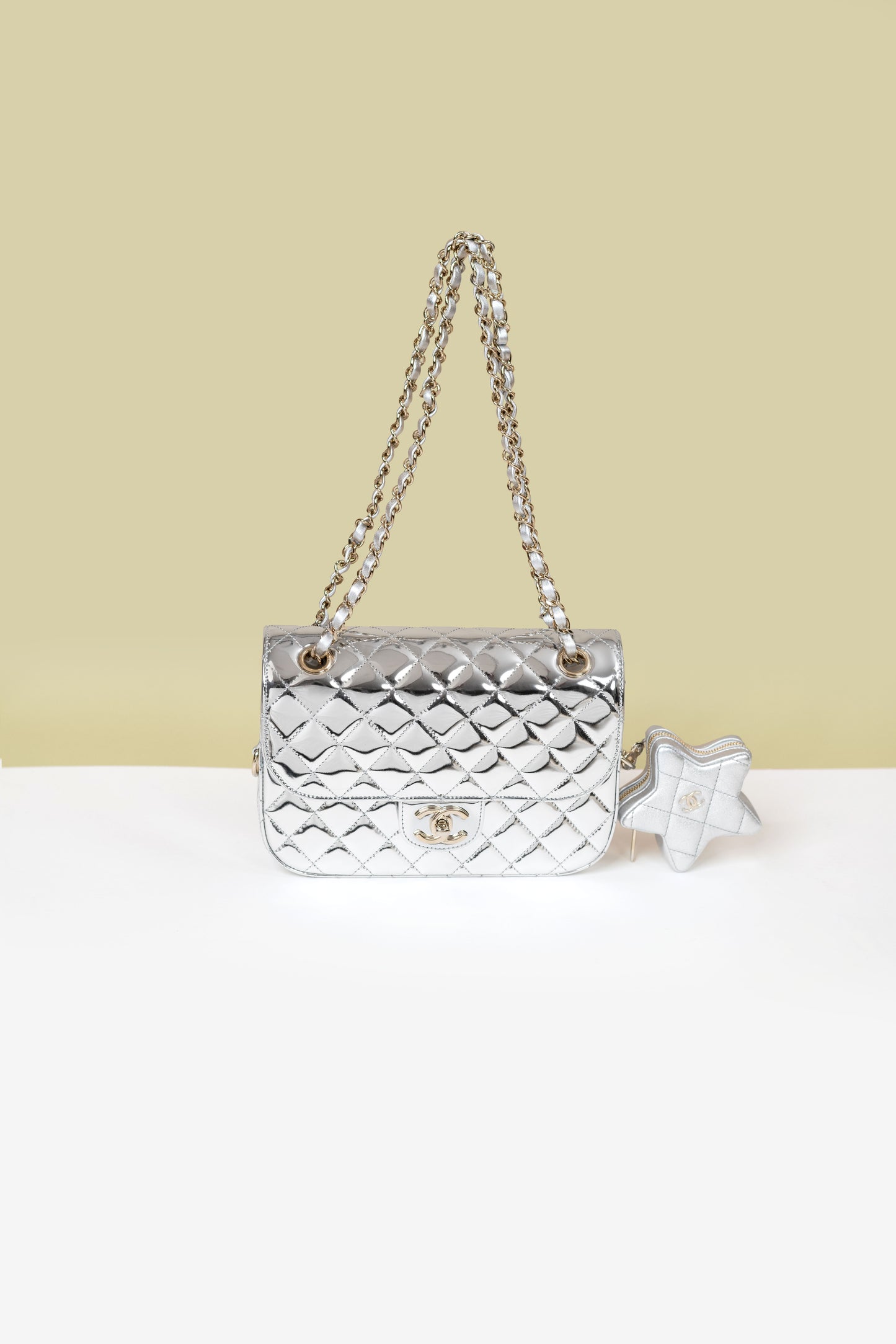 Chanel Silver Metallic Flap Bag with Star Coin Purse