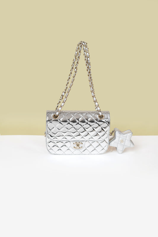Chanel Silver Metallic Flap Bag with Star Coin Purse