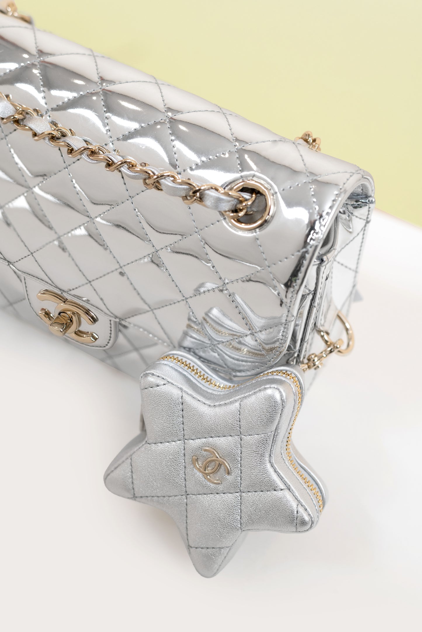 Chanel Silver Metallic Flap Bag with Star Coin Purse