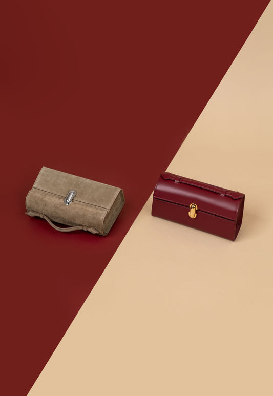 Savette Top Handle Bags in Suede Beige & Burgundy
