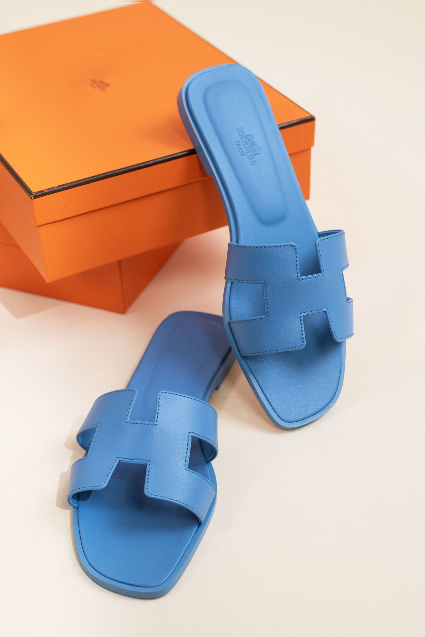Hermès Oran Sandals in Vert Lierre & Blue Cameo