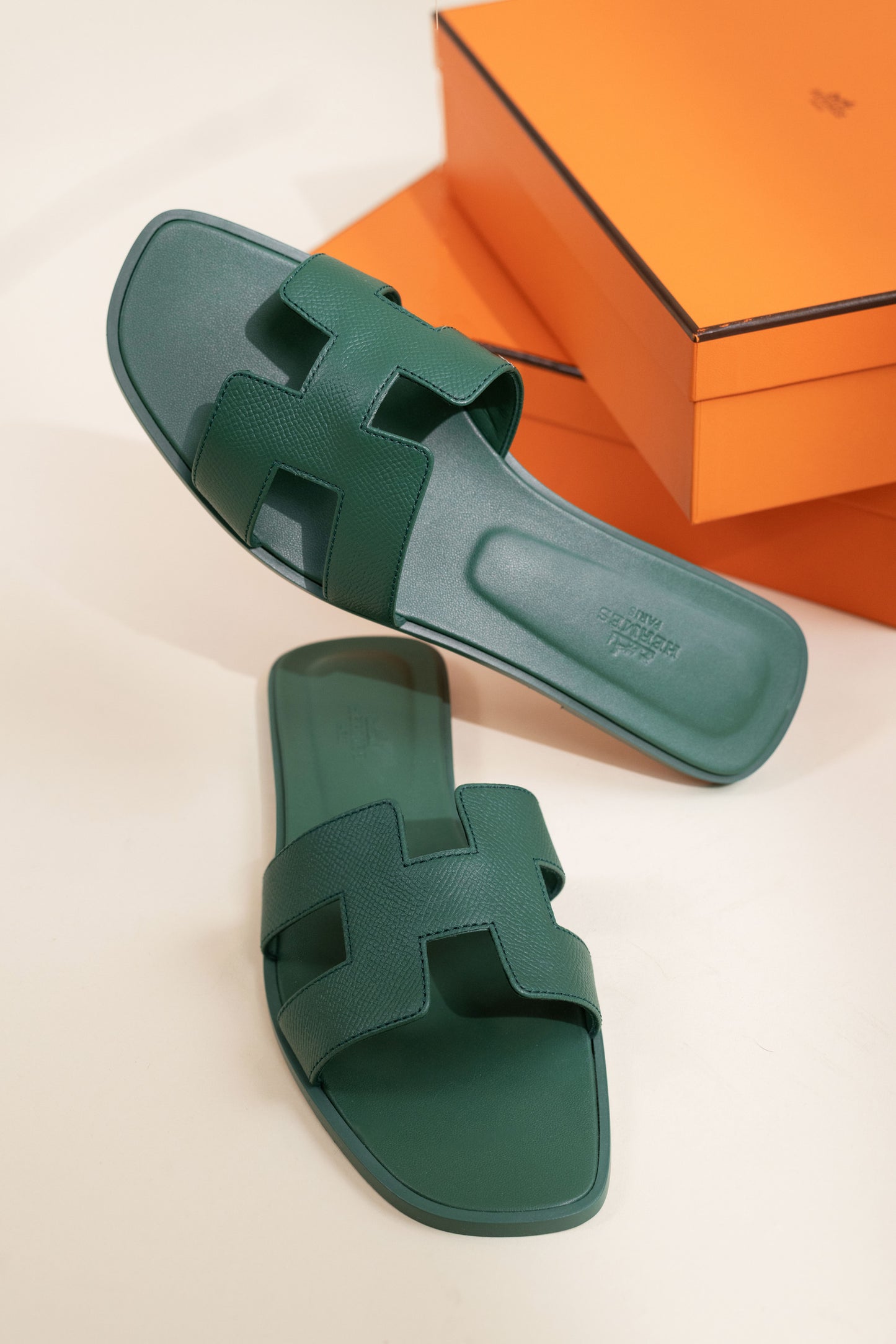 Hermès Oran Sandals in Vert Lierre & Blue Cameo