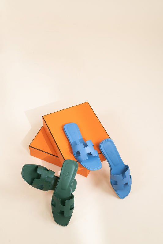 Hermès Oran Sandals in Vert Lierre & Blue Cameo