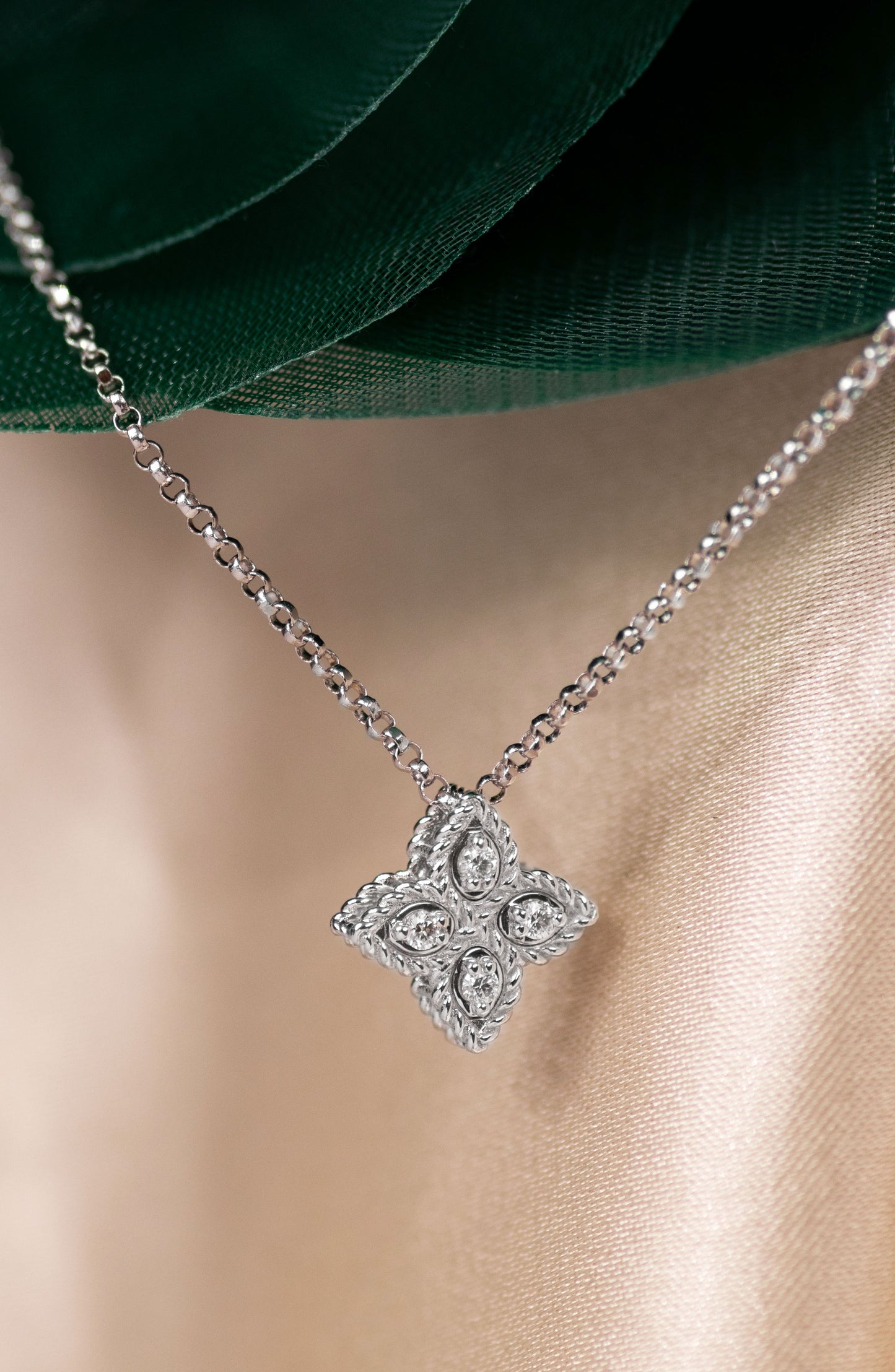 Roberto Coin Small White Gold Princess Flower Pendant & Princess Flower White Gold Diamond Flower Charm Bangle