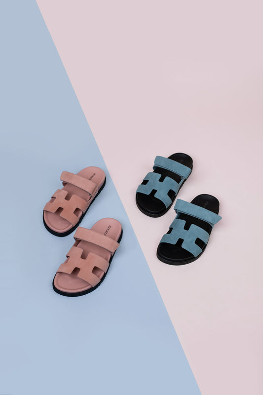 Hermès Chypre Suede Sandals in Nude & Blue Mineral