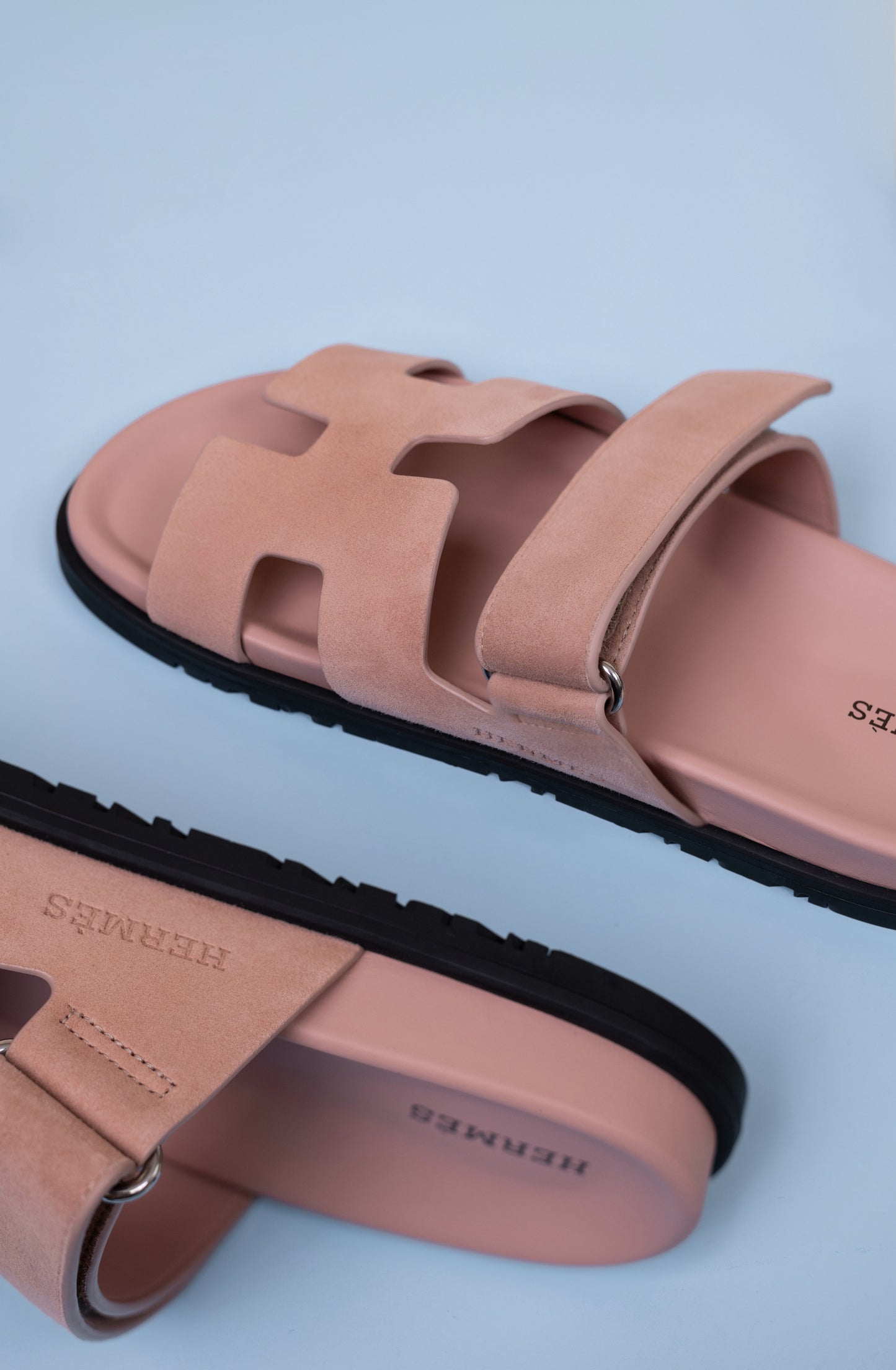 Hermès Chypre Suede Sandals in Nude & Blue Mineral
