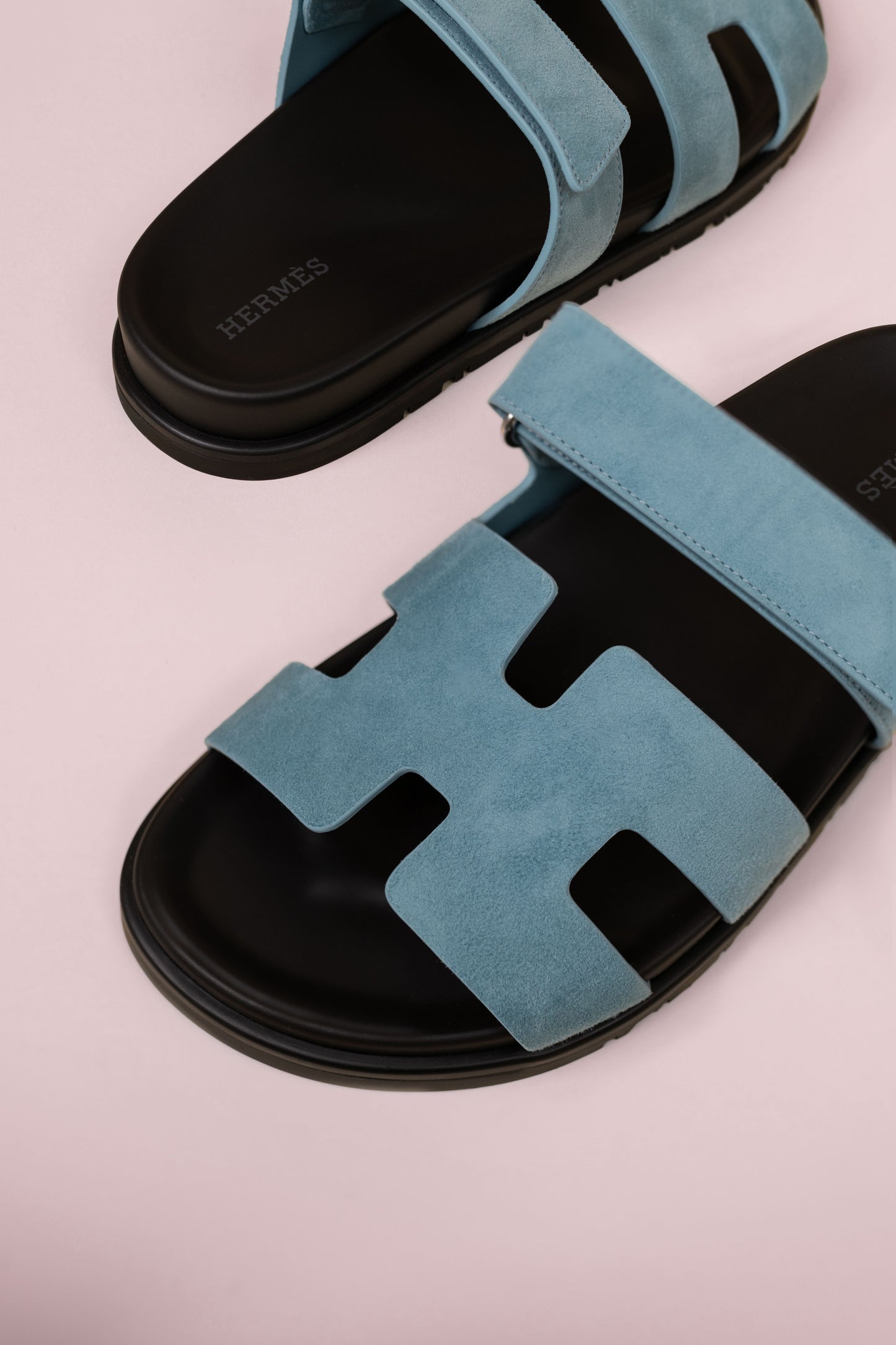 Hermès Chypre Suede Sandals in Nude & Blue Mineral