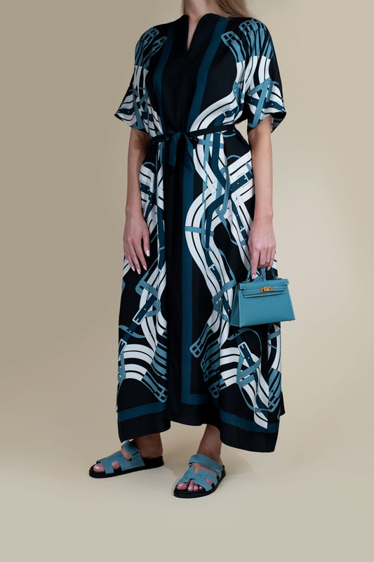 Hermès "Mors a Jouets Detoure" Belted Caftan & Mini Kelly 20 Epsom in Blue Jean GHW