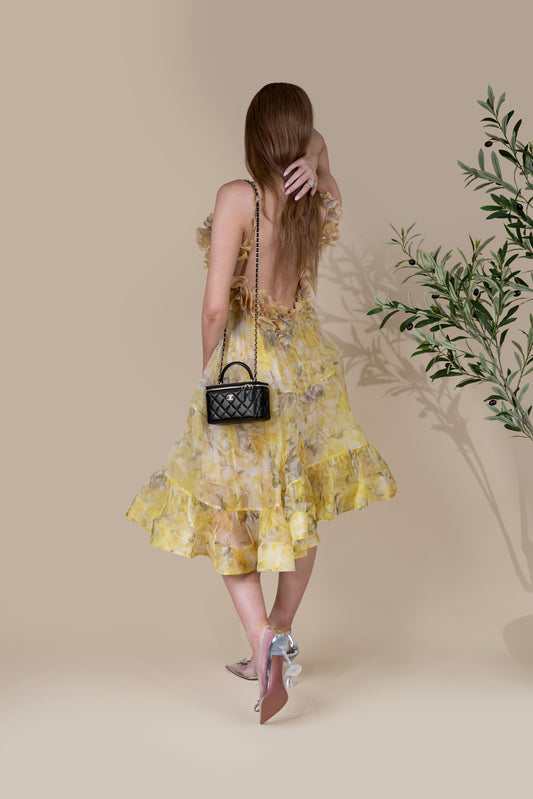 Zimmermann Harmony Asymmetrical Yellow Peony Dress with Chanel Black Vanity Case