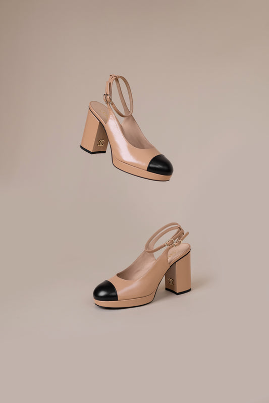 Chanel Platform Sandals in Beige/Black