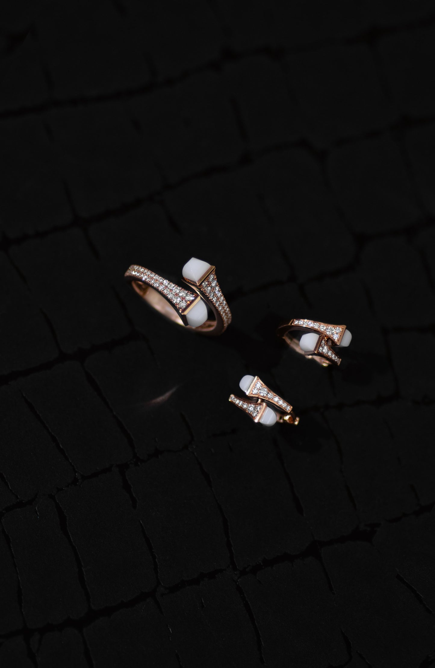 Marli Cleo Ring & Earrings in Rose Gold Diamond/White Agate