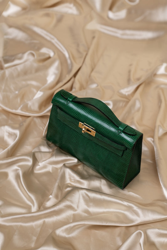 Hermès Kelly Pochette Lizard in Vert Fonce GHW