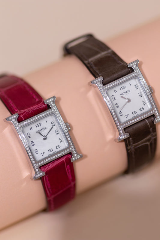 Hermès H Heure Watches 21mm in Shiny Alligator Hot Pink & Gris Elephant