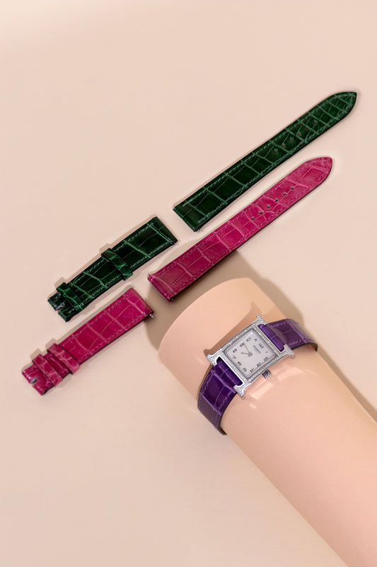 Hermès H Heure Watch 25mm in Shiny Alligator Straps in Vert Fonce, Violet, & Hot Pink