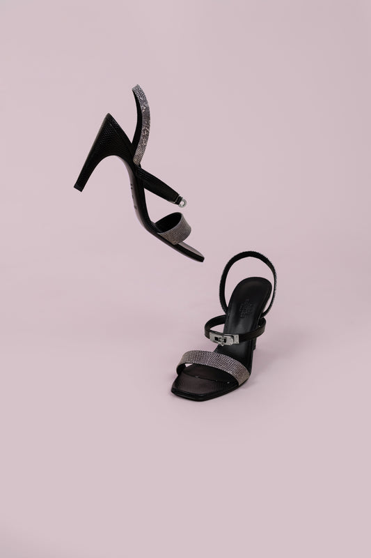 Hermès Glamour 95 Sandals in Ombre Lizard/Noir
