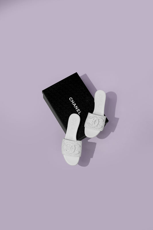 Chanel White Knit CC Slides
