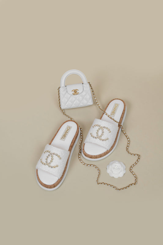 Chanel White Fabric/Pearl Slides & Micro Top Handle White Bag