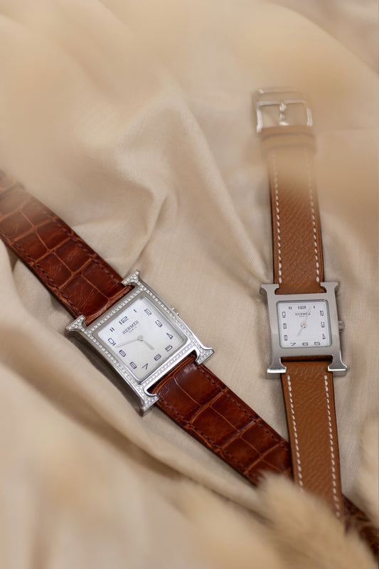 Hermès H Heure Watches in Gold Alligator 30mm & Gold Epsom 25mm
