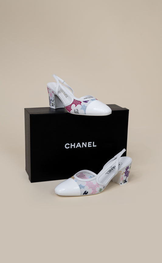 Chanel White Floral Slingbacks