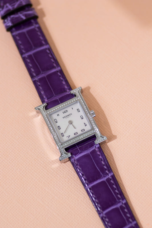 Hermès H Heure Watch with Purple Alligator Strap
