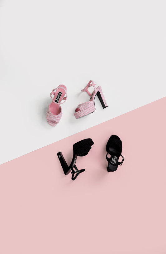 Chanel Platform Sandals in Black Lace & Pink Tweed