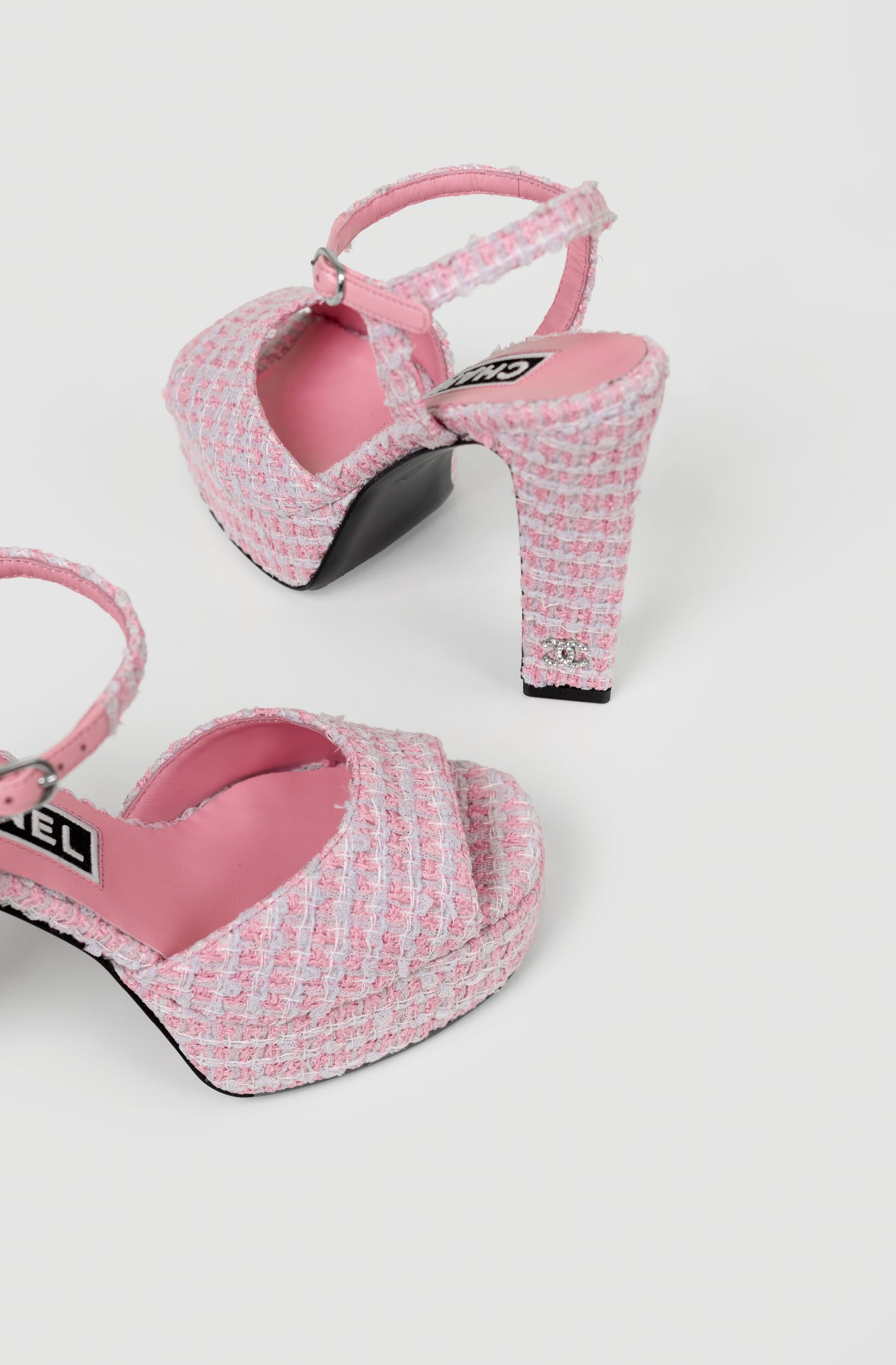 Chanel Platform Sandals in Black Lace & Pink Tweed