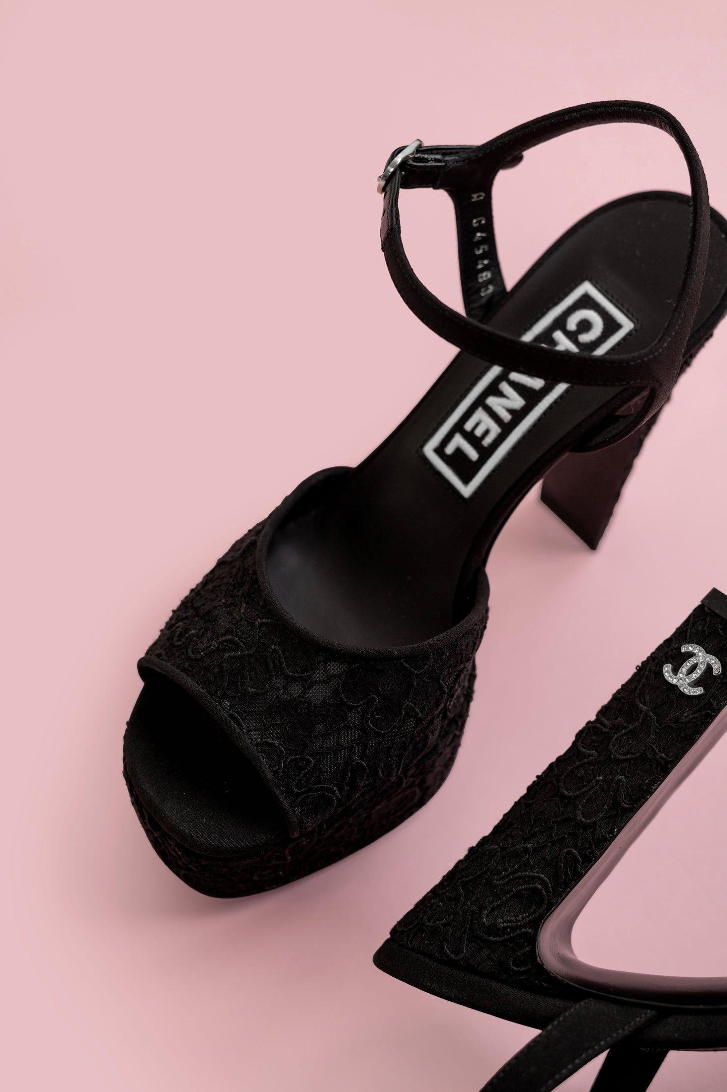 Chanel Platform Sandals in Black Lace & Pink Tweed