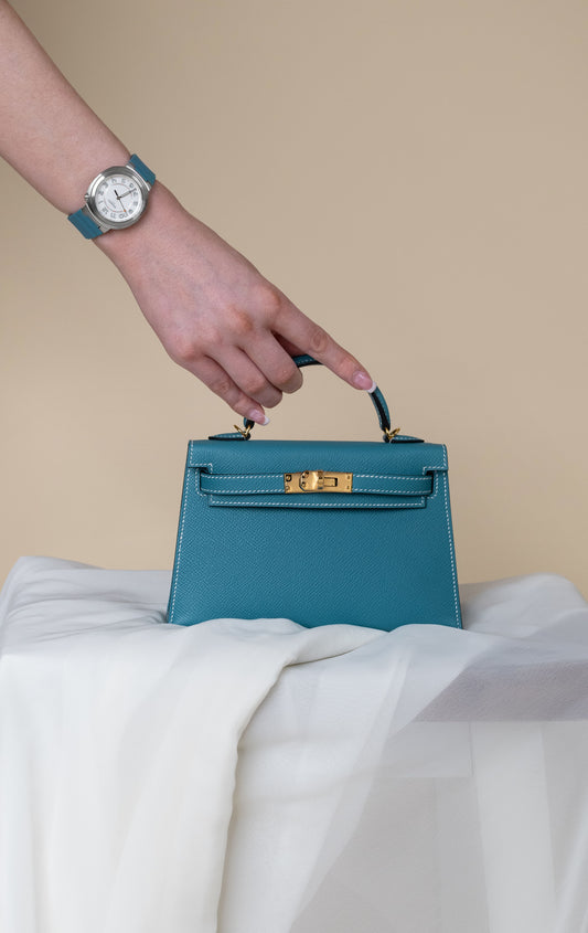 Hermès Cut Watch with Mini Kelly 20 Epsom Blue Jean GHW