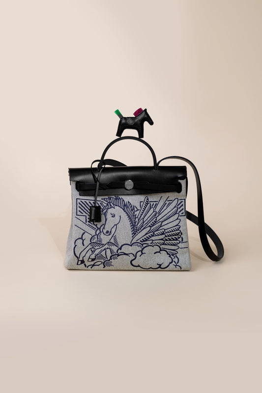 Hermès Herbag 31 Pegasus in Toile Black/Ecru/Blue Indigo