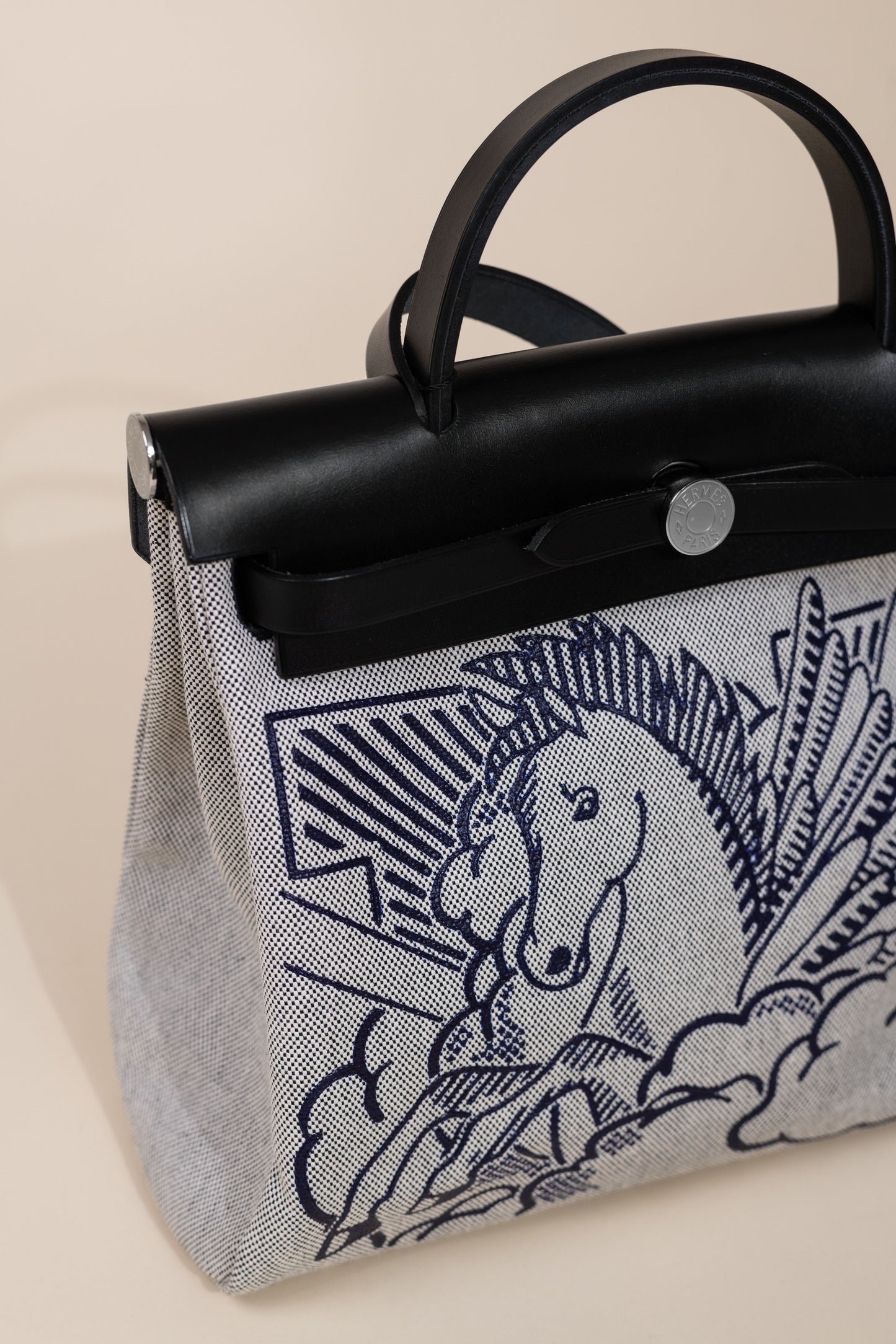 Hermès Herbag 31 Pegasus in Toile Black/Ecru/Blue Indigo