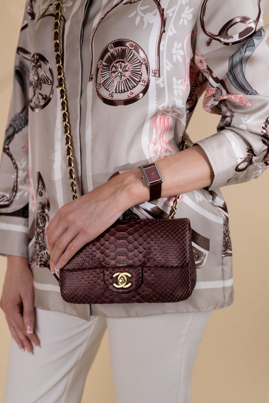 Cartier Tank Must Watch & Chanel Mini Matte Python Flap Bag in Burgundy