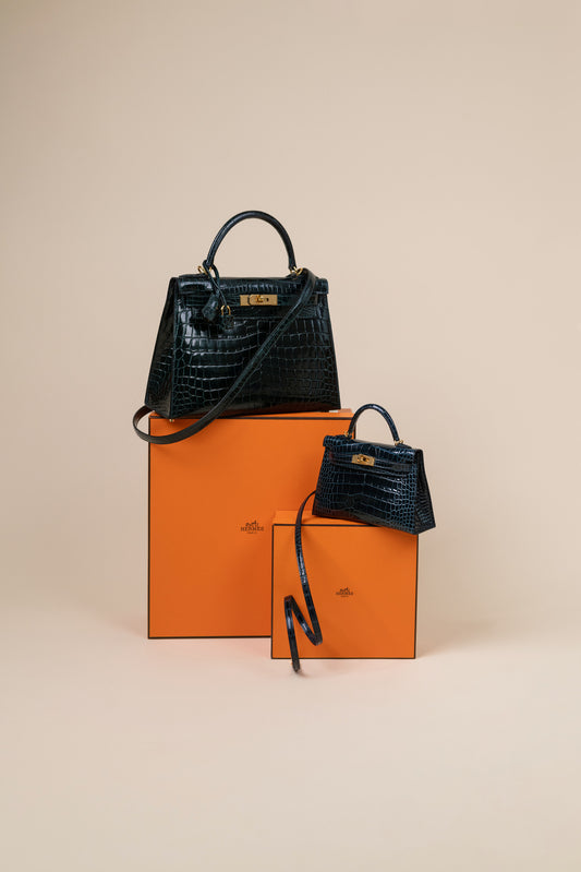 Hermès Kelly 28 & Mini Kelly 20 Shiny Crocodile in Vert Rousseau GHW