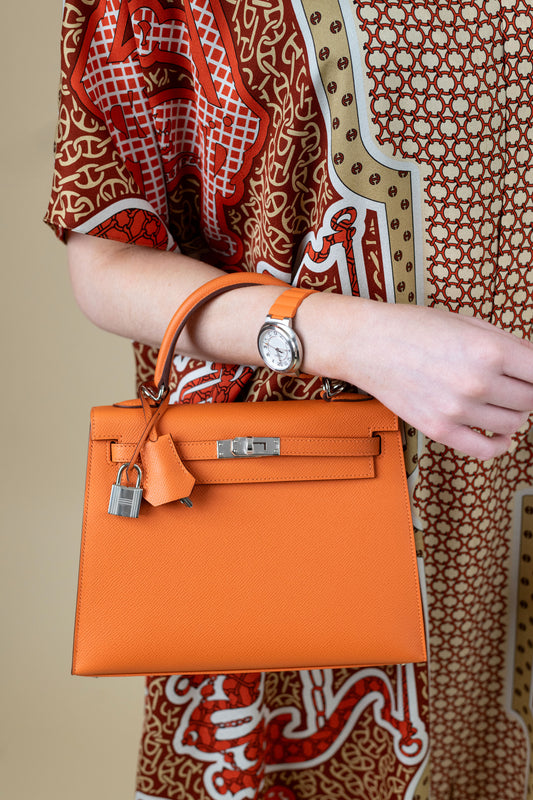 Hermès Kelly 25 Epsom Orange PHW & Hermès Cut Watch with Orange Strap