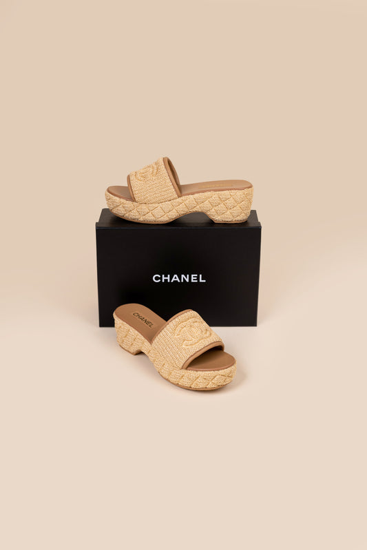 Chanel CC Beige Fabric Mules