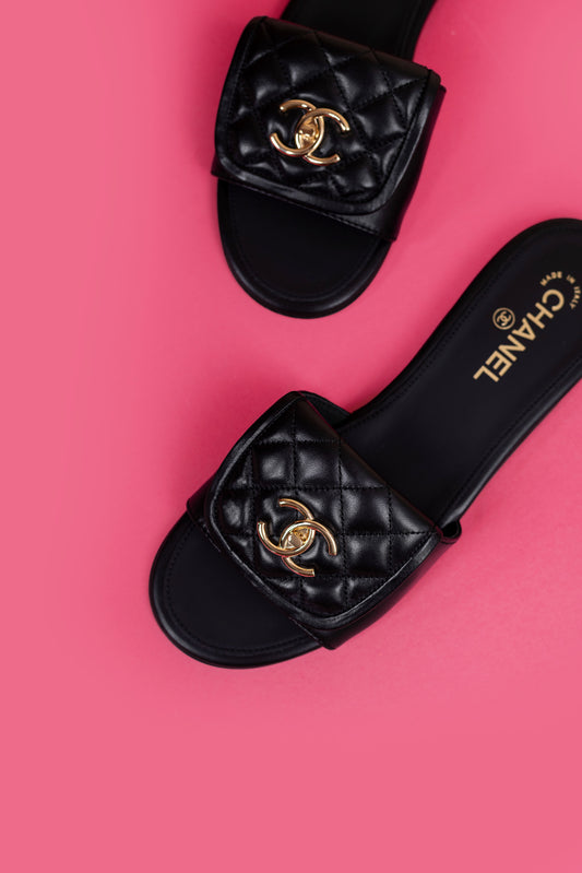 Chanel Black CC Flat Sandals