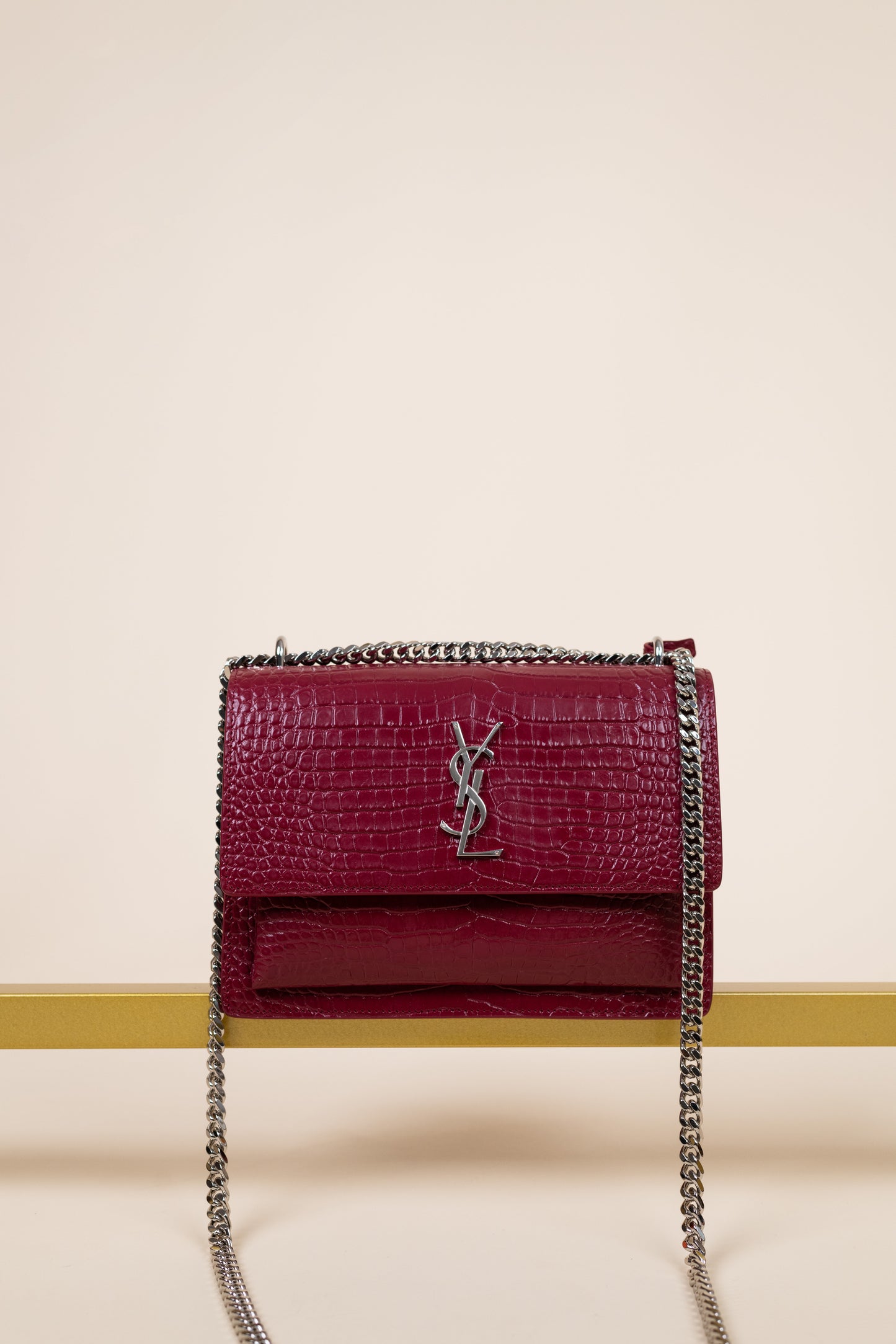 YSL Sunset Chain Wallet in Crocodile Embossed Leather