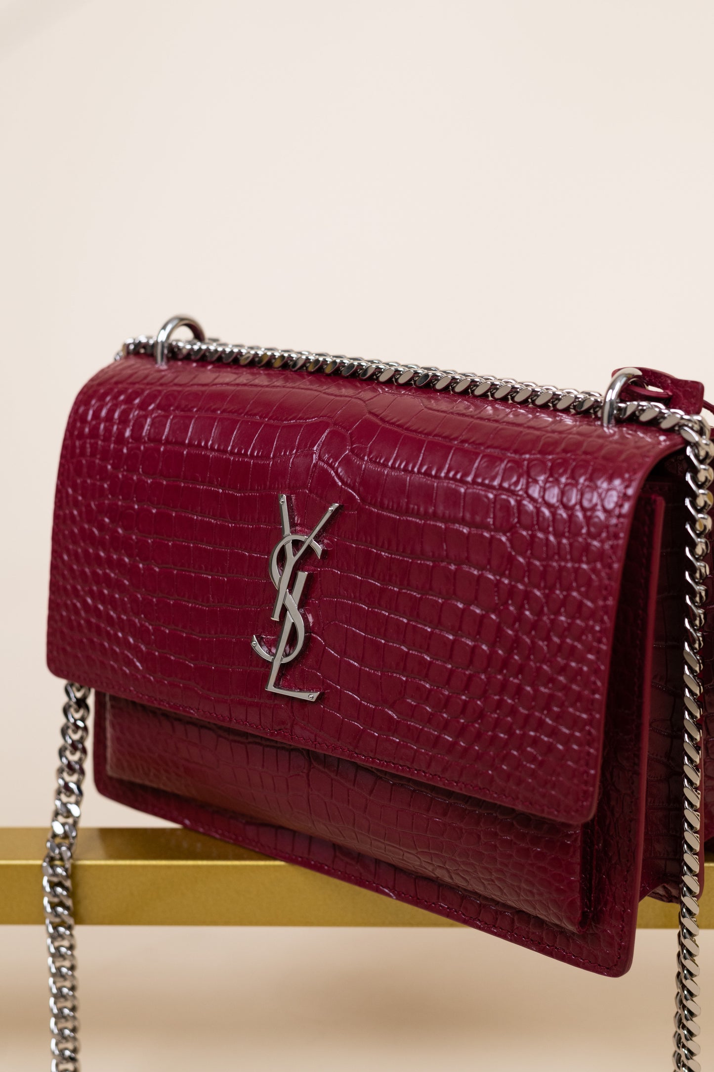 YSL Sunset Chain Wallet in Crocodile Embossed Leather