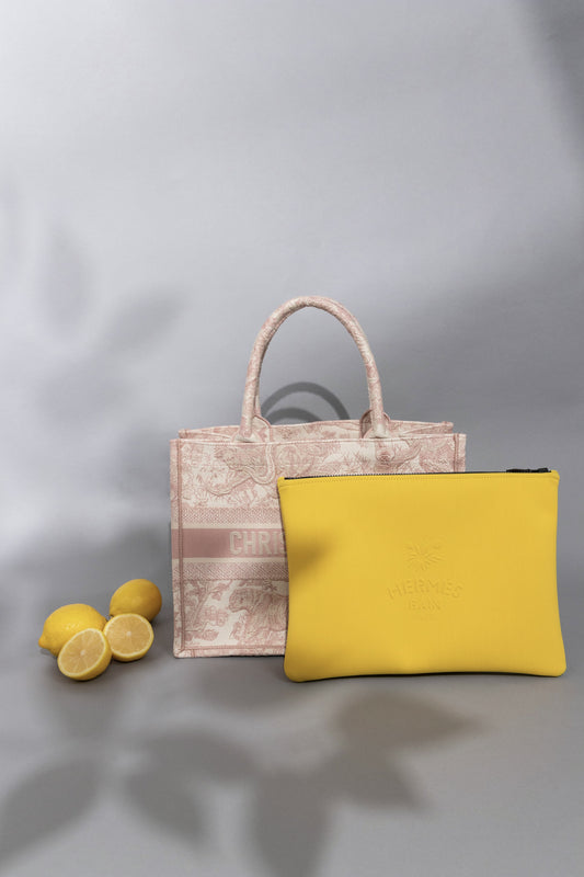 Hermès Yellow Bain Pouch with Dior Book Tote in Light Pink/White