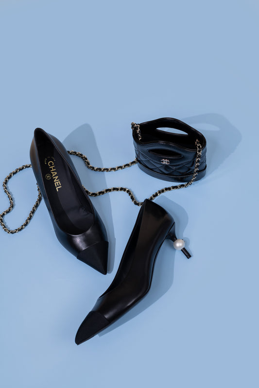 Chanel Black Pearl Slingbacks & Mini Black 31 Bag with Chain