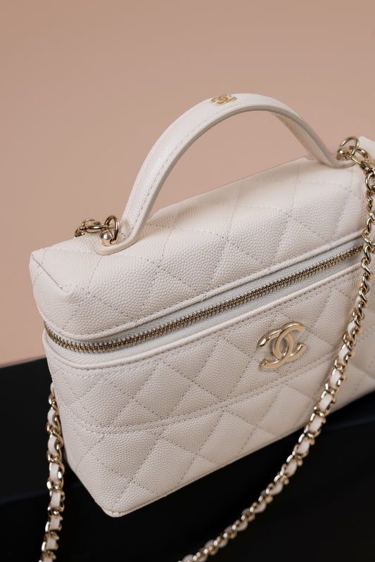 Chanel CC Vanity with Top Handle & Chain in White