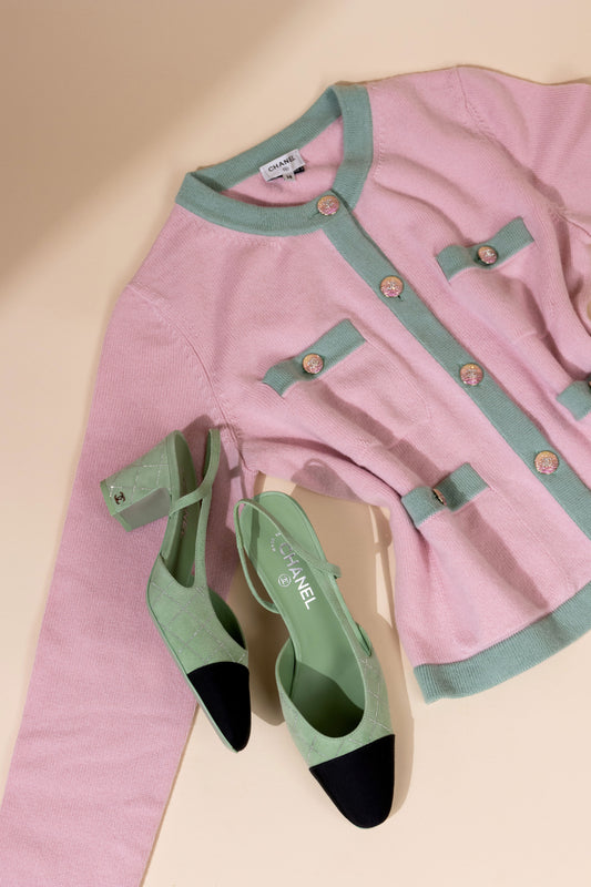 Chanel Pink/Green Cardigan with Green Slingbacks