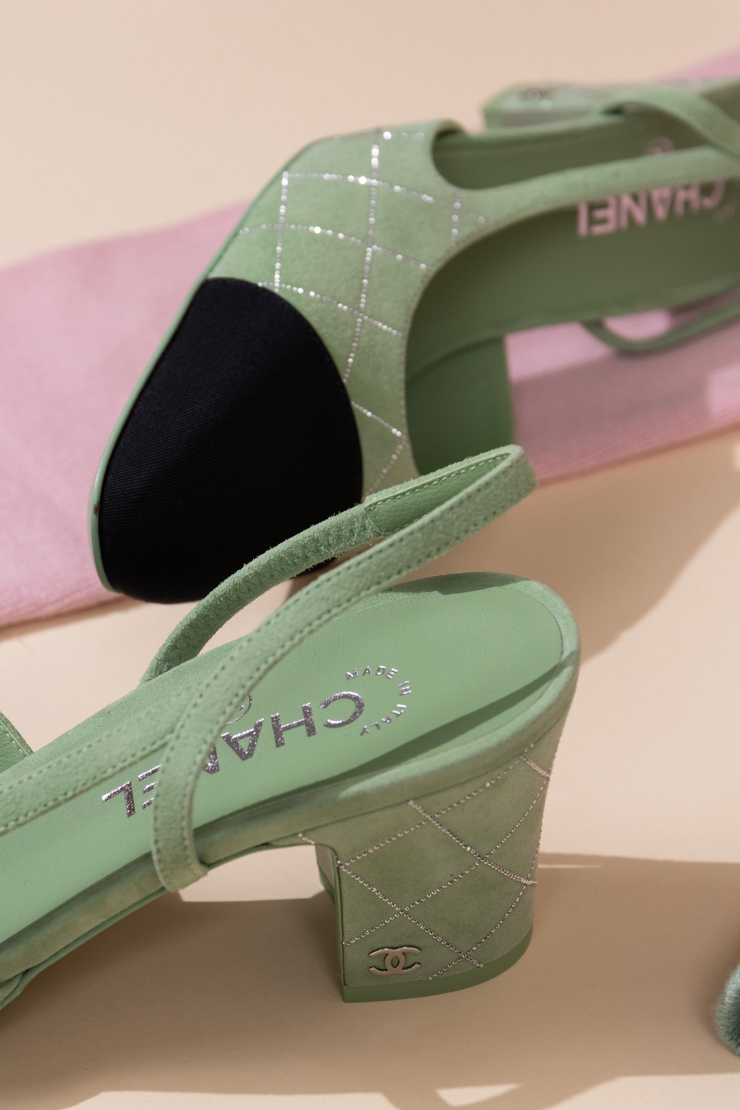 Chanel Pink/Green Cardigan with Green Slingbacks