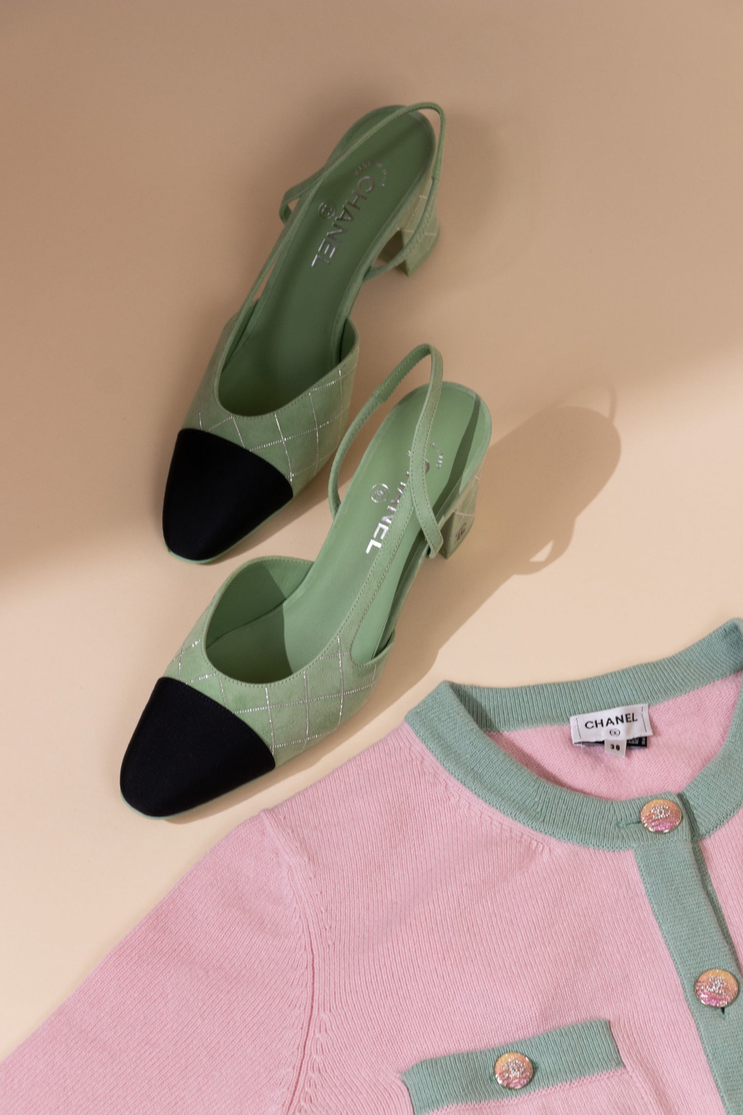 Chanel Pink/Green Cardigan with Green Slingbacks