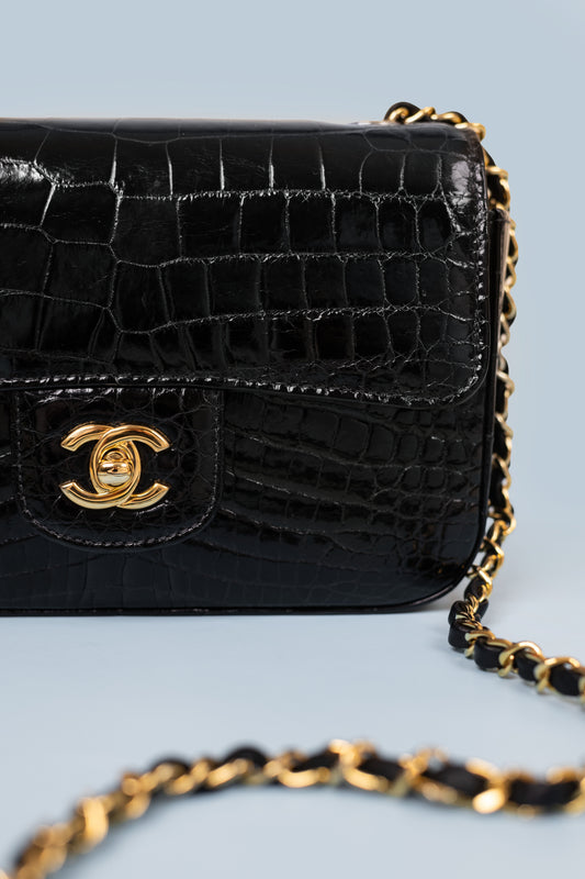 Chanel Black Mini Flap Bag in Shiny Alligator
