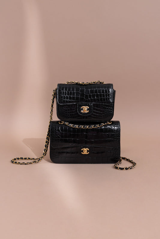 Chanel Classic Medium Double Flap Shiny Crocodile Black vs. Mini