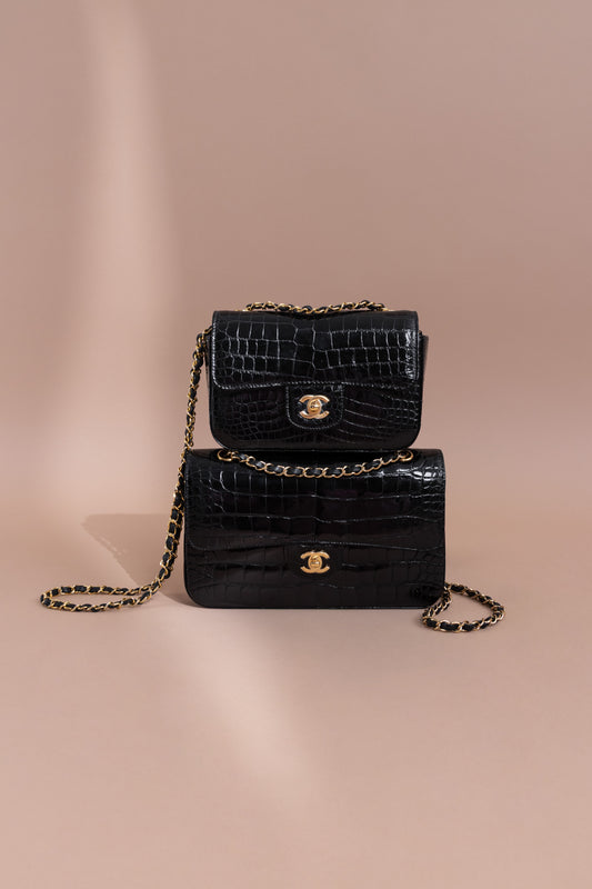 Chanel Classic Mini & Medium Flap Bags in Black Shiny Alligator