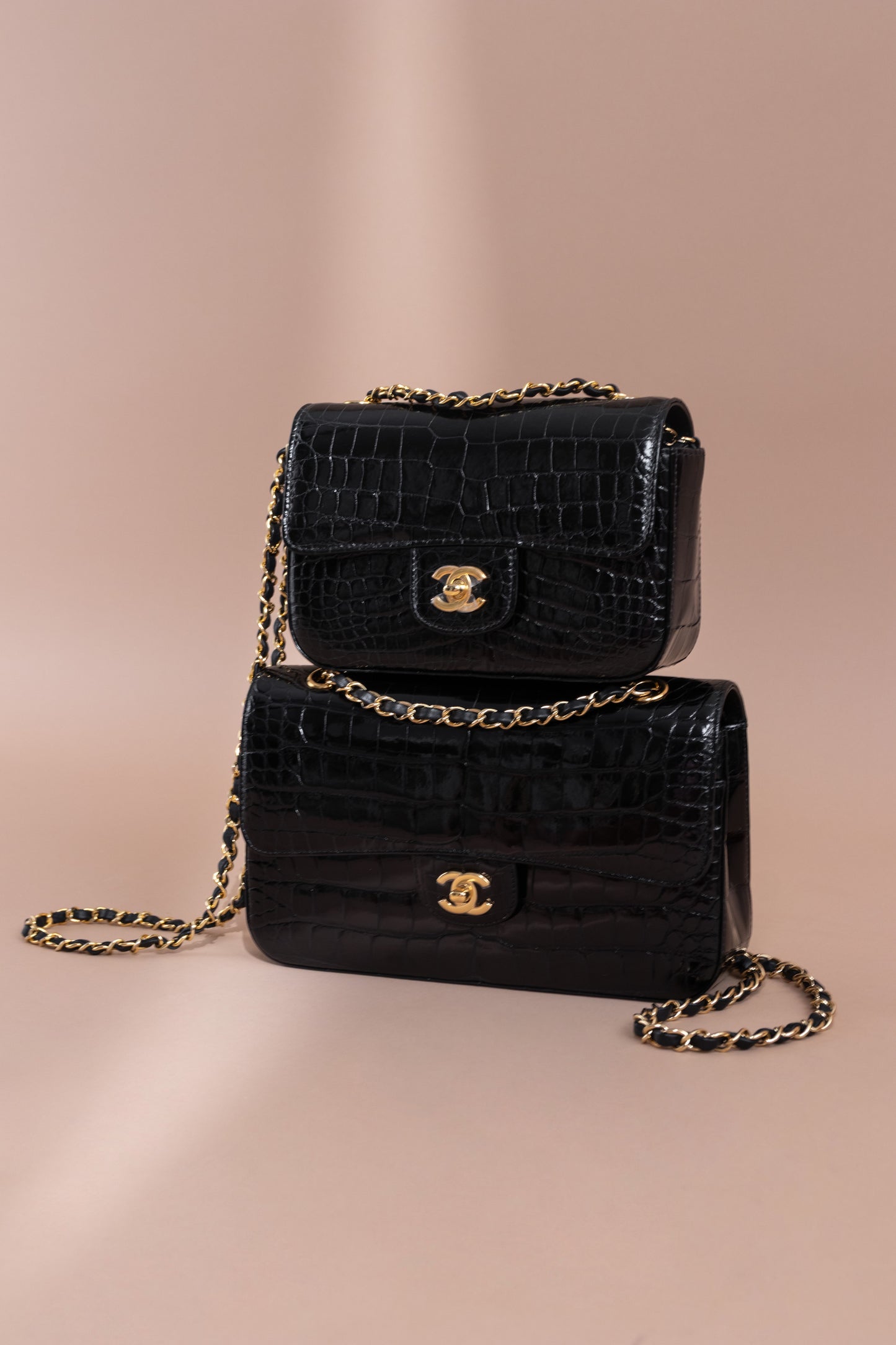 Chanel Classic Mini & Medium Flap Bags in Black Shiny Alligator